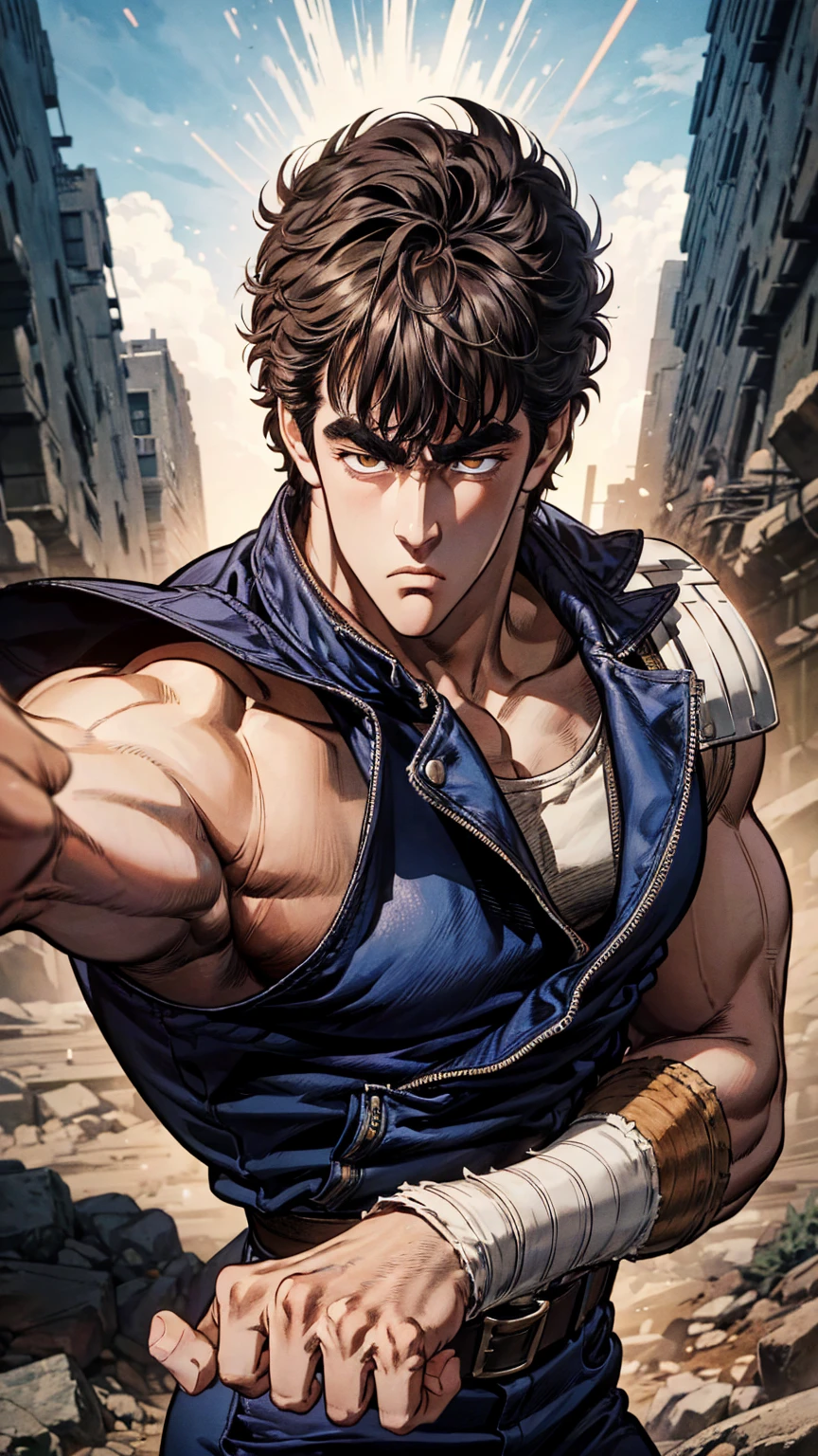 Kenshiro, the legendary fist fighter from Fist of the North Star, ultra detailed portrait, extremely detailed face and eyes, powerful facial expression, intense glare, muscular body, dynamic pose, post-apocalyptic wasteland background, cinematic lighting, dramatic rendering, vibrant colors, digital painting, masterpiece