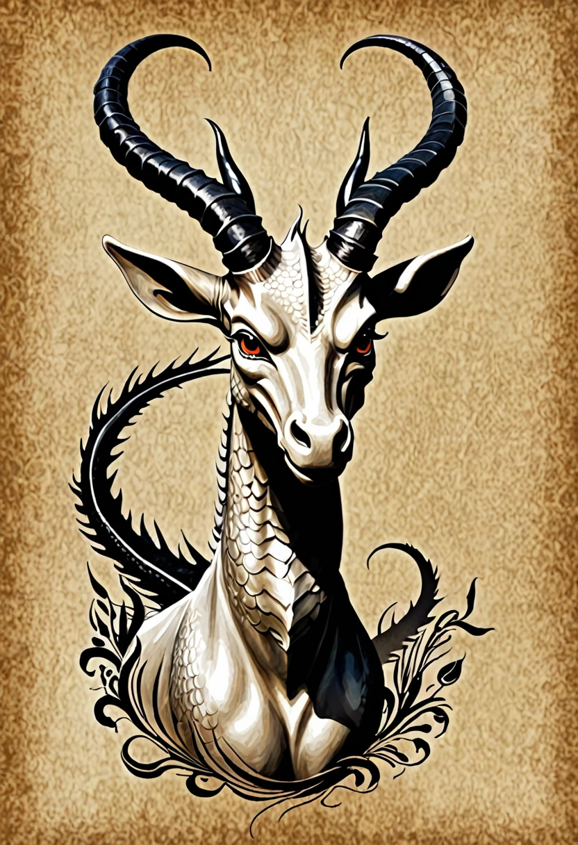 Drawing on a textured background 、 horns growing from its head 、 Long neck,Dragon with short legs  、
