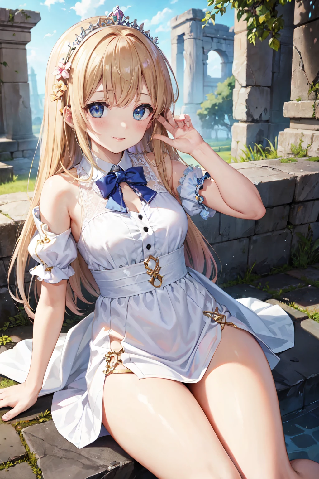 Texture CG, ((Ultra Detail Art)), ((master piece)), (extremely details CG),1girl,solo,ragnarokarch,nsfw,(open legs with standing pose),gal , gyaru,beautiful breasts,slim body, slim legs, collarbones,slim and smooth lines,slim waist,small butt,(erection nipple:1.2), (panty shot),wind lift ,(miniature microbikini,tiny microbikini,string-only microbikini,pussy peek,clitoris slip,very lowleg,microbikini wedged in vulva),(((White Puff Sleeves))), white thigh thighs, Gold Sash ,White blue dress from neck to chest, cleavage deep cutout, Long blue skirt with high slit,(((very short length and very narrow size pelvic curtain))),((Blue Wide Sleeve), (Blue Dress very Short length and very narrow size Front)), long hair, blonde hair,silver hair,brown hair,Curve, Beautiful detailed eyes , gleaming skin, open mouth ,smile, outsides ,clear sky, in summer ,windy ,garden,