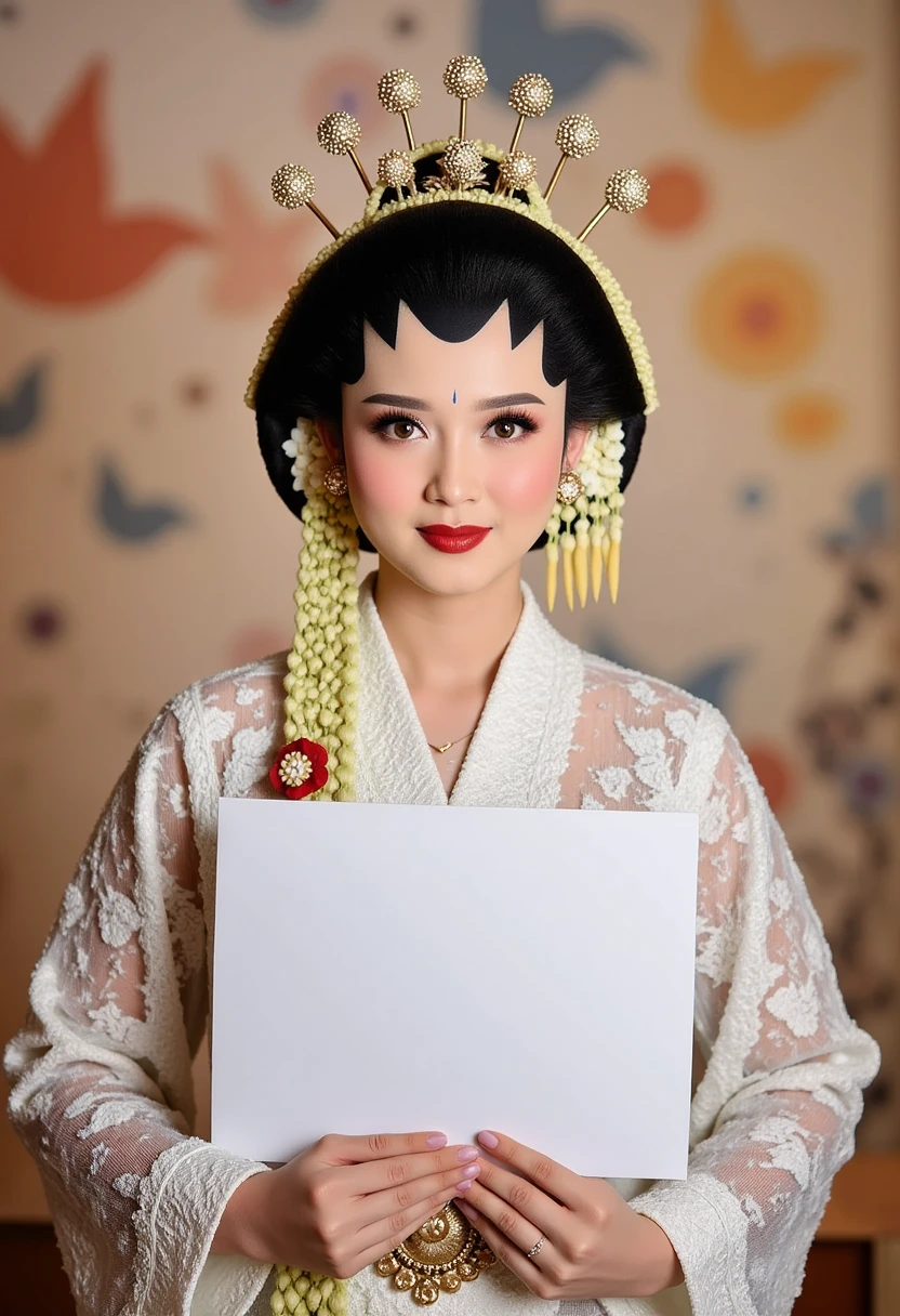 (masterpiece, best quality:1.2), 1girl, Alone, Jwhote avanese Traditional, holding sign with text "MAS ANDRA NIKAH YUK", blur colorful background