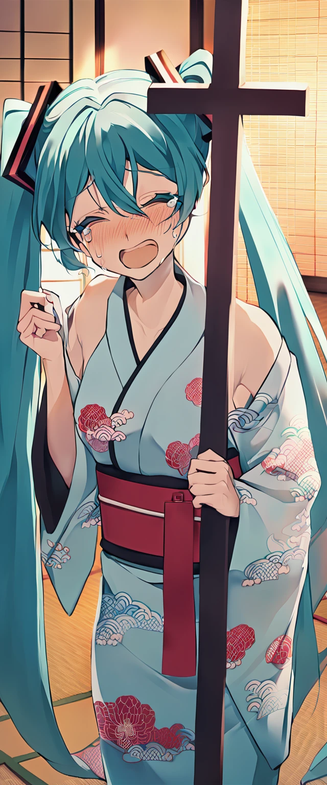 Hatsune Miku wears a kimono and holds up a cross while crying in a tatami room