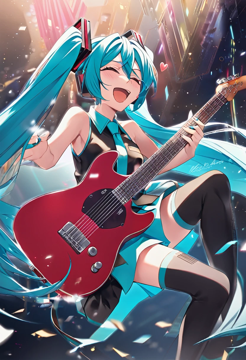 Hatsune Miku whistles the guitar with all his heart while falling through the air