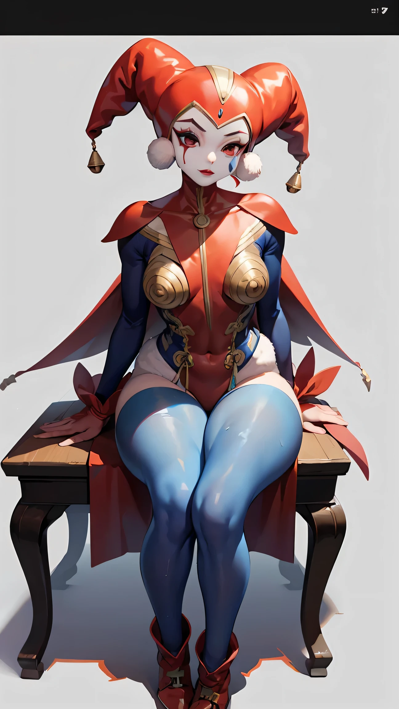  medium breasts , muscular body, slim waist, sitting on chair,thick eyeliner, thick eyebrows, long eyelashes, lip filler, red lipstick, dimples, harle_\(chrono_cross\), facepaint, red_leotard, blue see-through harem_pants, jester_cap, pawg, thick thighs, thigh gap, plump thighs, shinny thighs, muscular thighs, beautiful thighs, sweaty thighs, sweatdrop thighs, oiled thighs, large hips, narrow waist, thick calves, long legs, sexy beautiful woman, full body shot, full body, toned body, curvy, muscular female, shredded abs, fitness, small breasts. Looking at viewer))