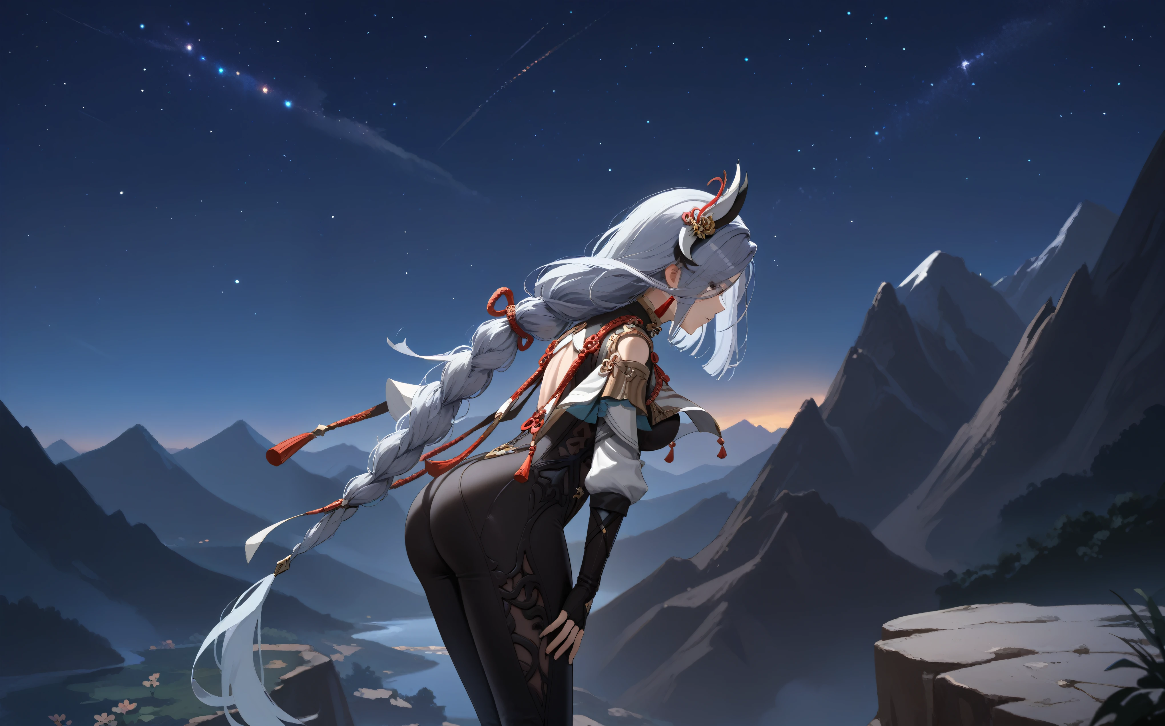 shenhe_(genshin_impact), 1girl, sky, solo, long_hair, hip_vent, night_sky, night, bodysuit, braid, hair_ornament, black_bodysuit, gloves, braided_ponytail, star_(sky), starry_sky, ass, grey_hair, breast_curtain, black_gloves, outdoors, mountain, tassel, clothing_cutout, partially_fingerless_gloves, shoulder_cutout