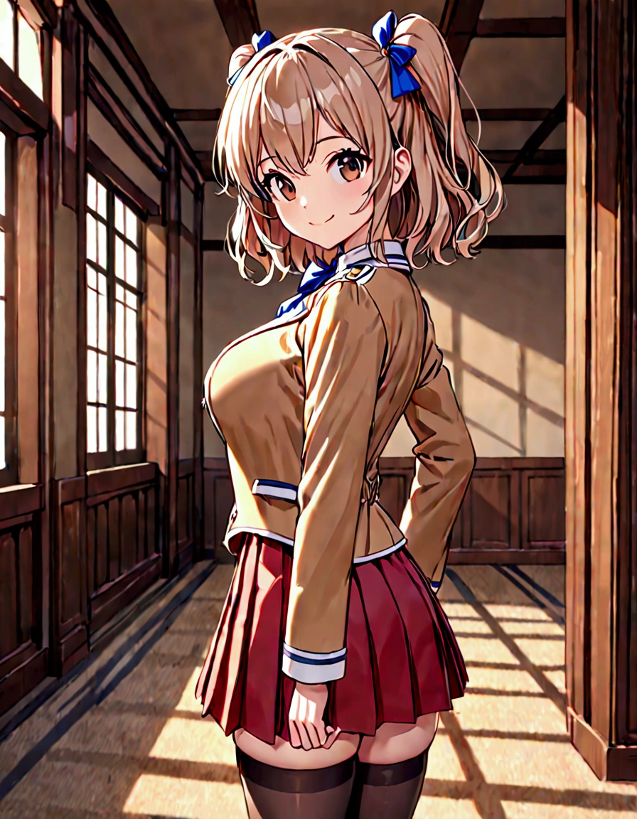 (masterpiece)(best quality)(ultra detailed)(high resolution),solo  girl, light brown hair medium hair wave hair, two side up with ribbon, dark brown eyes, large breasts, smile, spencer jacket, pleat skirt, stockings, upper body above knees, standing proud, from side, pose of looking back, indoors,