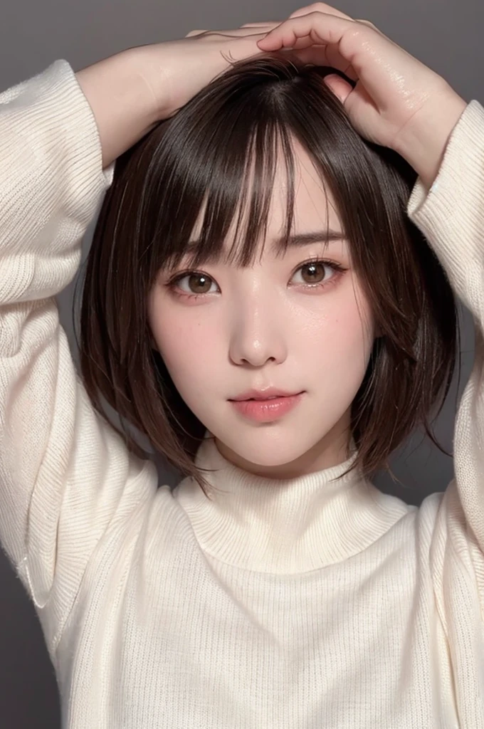 Realistic、masterpiece、Best Quality、8k、Official Art、 RAW Photos、 it's getting a little cold so I put on a pure white turtleneck knit、( asymmetrical short hair ＋Short cut:1.3)、beautiful girl、 face light、 film grain 、chromatic aberration、 sharp focus、Please give me your gaze、Show me a little teeth and smile 、 DYNAMIC LIGHTING 、 Movie Lighting、 dark brown blank background 