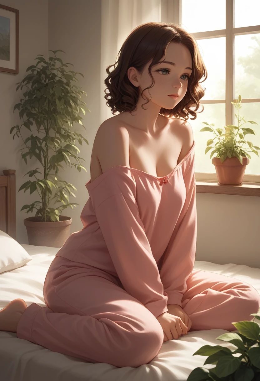 Beautiful woman, sitting on bed, wearing loose off-shoulder top, pajama pants, long curly hair, indoors, soft lighting, plants in background, window with sunlight, cozy room, relaxed pose, intricate details, warm colors