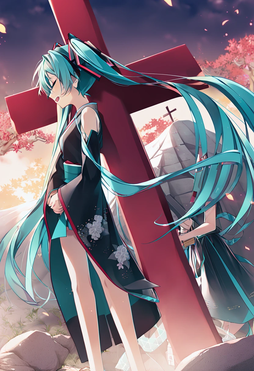 Hatsune Miku clings to the tomb of the cross on the cliff while crying in Japanese clothes