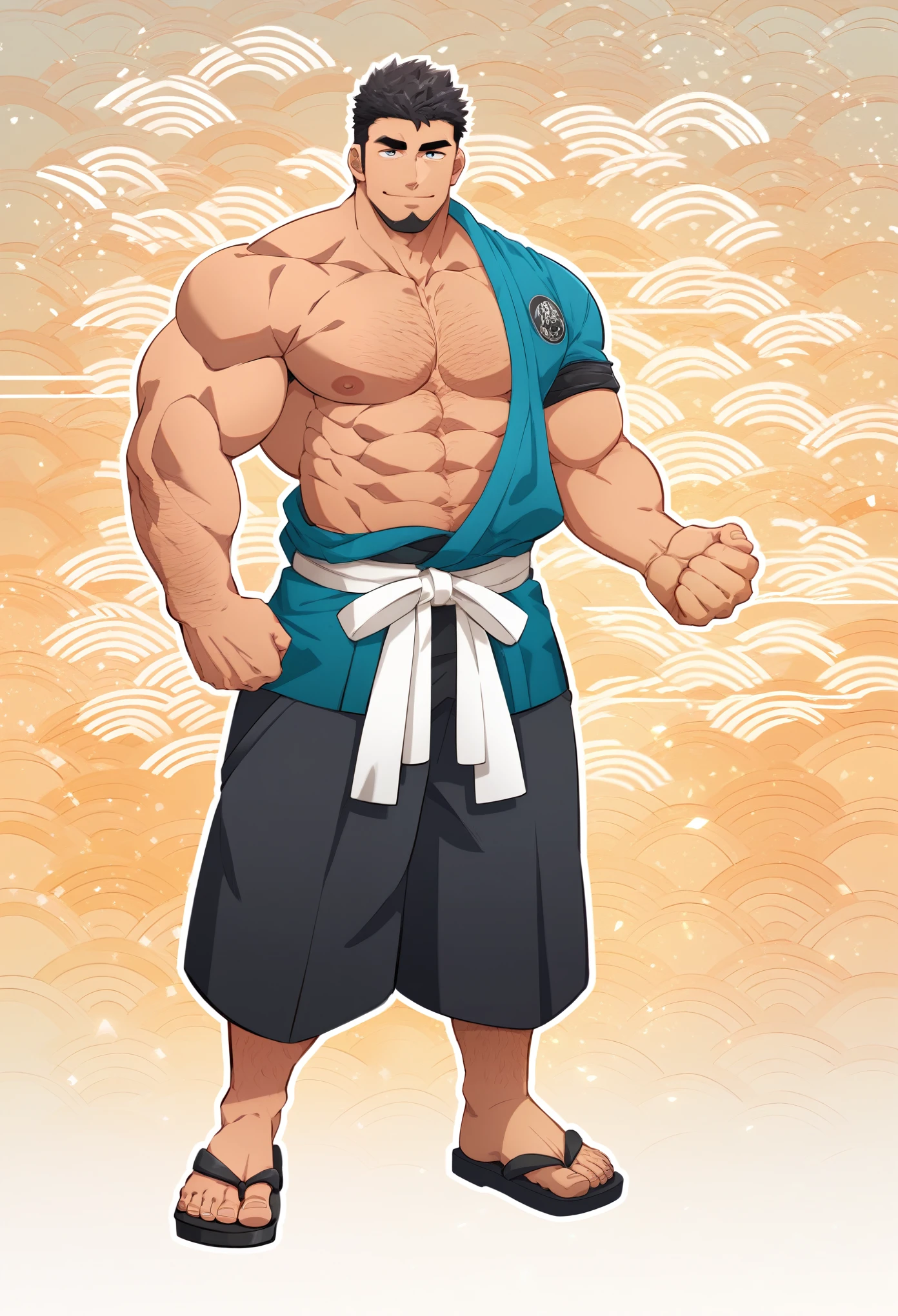 Masterpiece, Best Quality, Japanese Men, Muscular, Short Hair, Black Hair, Beefy, Hairy, anime style, 4k image, full body, holographic background, Character sheet, Handsome male. Perfect face, character design sheet, Full of details, body front view, body back view,  Full body, front and back view, muscle body