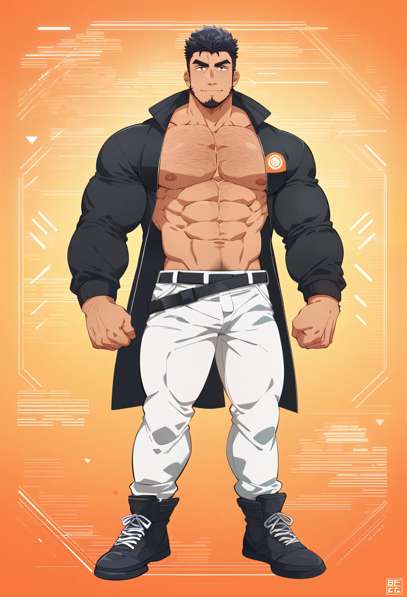 Masterpiece, Best Quality, Japanese, 2 Men, Muscular, Short Hair, Black Hair, Beefy, Hairy, anime style, 4k image, full body, holographic background, Character sheet, Handsome male. Perfect face, character design sheet, Full of details, body front view, body back view,  Full body, front and back view, muscle body