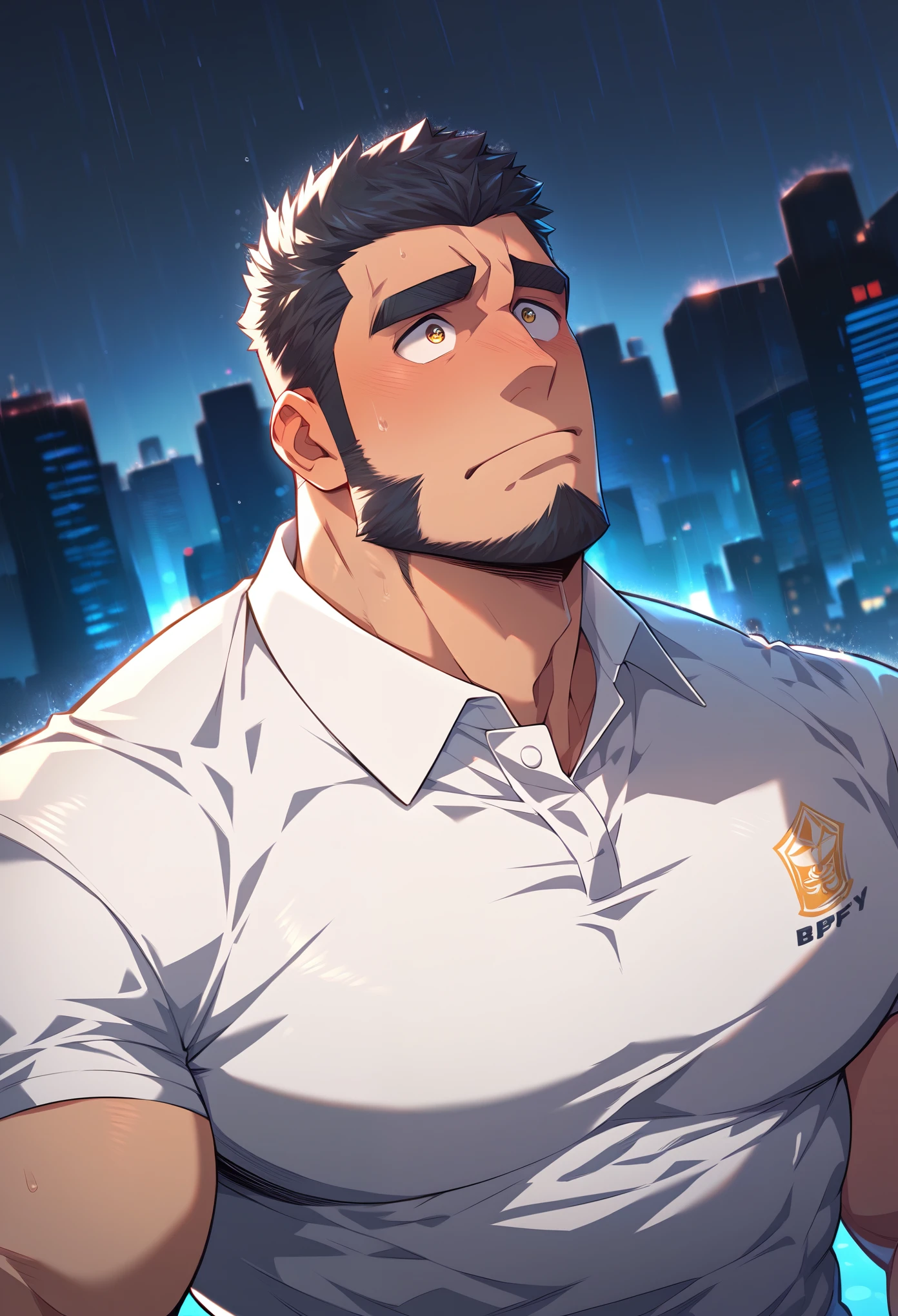 Masterpiece, Best Quality, Japanese, Muscular, Short hair, Black hair, Beefy, hairy, Stubble,clothes down, matured male, beefy,thick eyebrow, Male Focus, designed beard,Ultra-detailed eyes,hyperdetailed face,(Very short hair:1.2),(Angle from the front:1.2),(Wearing a white polo shirt:1.2),(city in heavy rain:1.2),(worried look:1.3),(Look up:1.3)