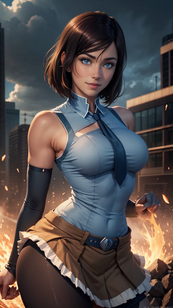 Korra da avatar,(best quality, 4K,8k,high resolution,work of art:1.2)(weather: cloudy), school district background, downtown, wide hips, short straight hair, brown hair, freckles, school uniform shirt, necktie, pantyhose, school uniform skirt, school  shoes, elbow long gloves, bracelets, cleavage, light makeup, dark eyeshadow, blush, flirty pose, glowing eyes, ultra detailed,portrait,realistic,beautiful detailed blue eyes, beautiful detailed lips,extremely detailed eye and face, long eyelashes,average, large breasts,flying hair,beaming smile, sexy smile, powerful girl, bright coloured, dramatic lighting,