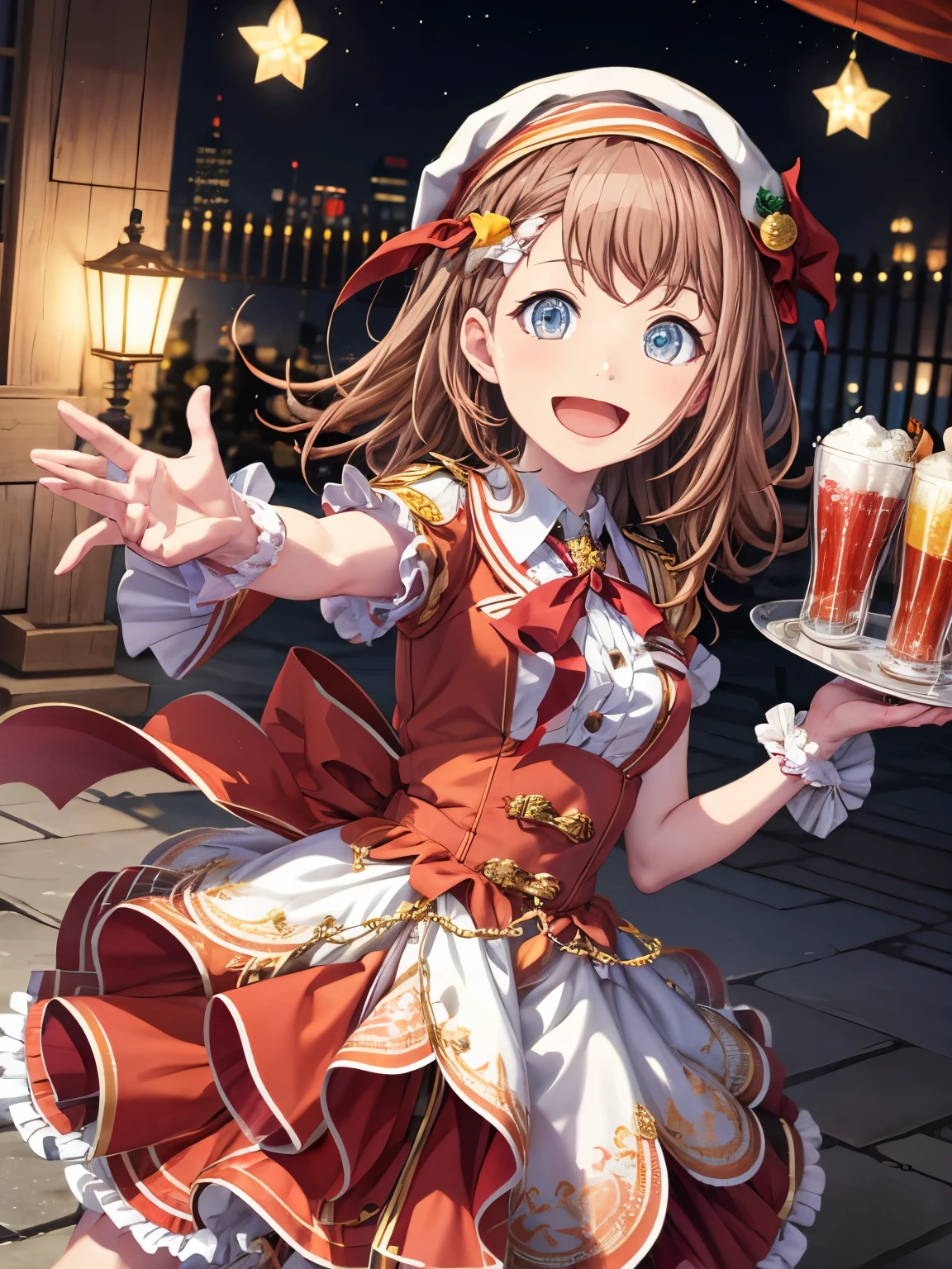 iom, hanasato minori, idol uniform, frilly dress, festive atmosphere, inviting the viewer, smile, open mouth, :d