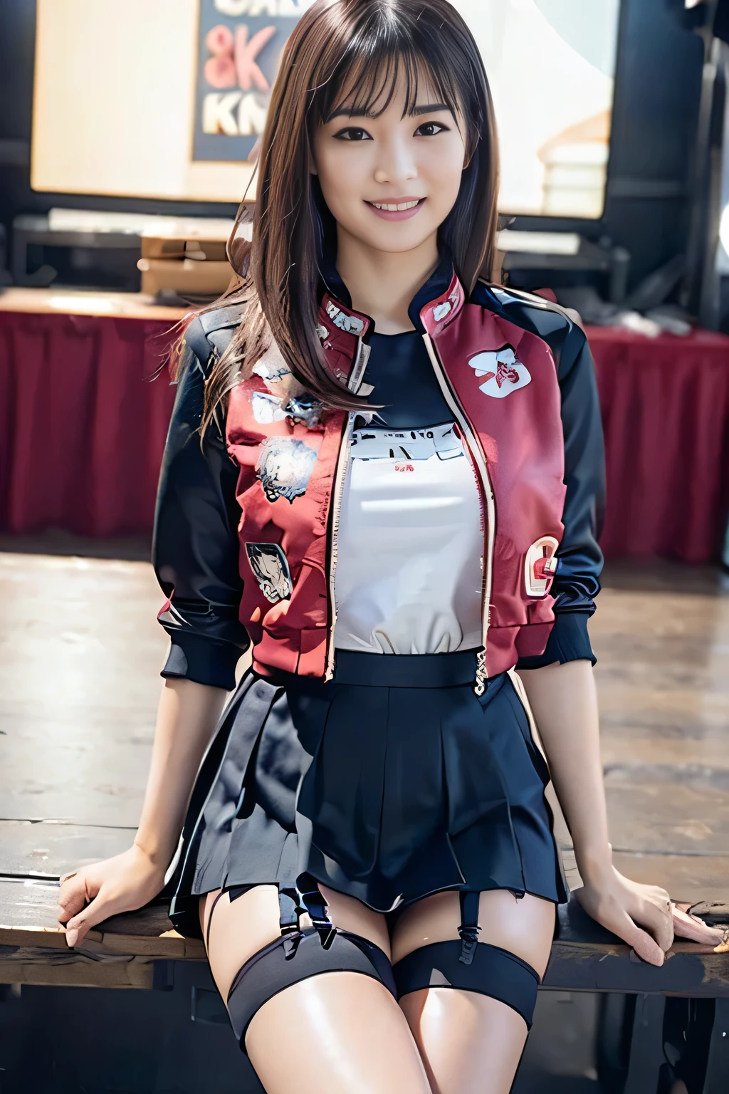 (8k, highest quality, high resolution), (photo realistic:1.4), (hyper realistic:1.4), (realistic:1.3), (smoother lighting:1.05), (1girl:1.3), inside the stadium, cheerleader, The upper part of the body, (body wet with sweat, face wet with sweat: 1.3): 0.2, Beautiful face:1.2, medium breasts, ruffled miniskirt, knee-high boots, 18 years old, very detailed face:1.37, makeup, lipgloss, face focused, standing, small face, looking forward, wearing a garter belt, fox ear headband, toned hips, smile:1.3