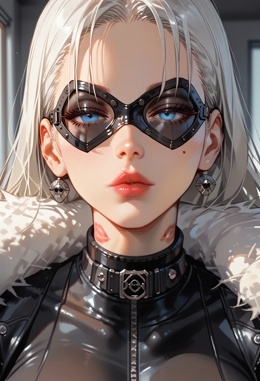 Score_9, score_8_up, score_7_up, best quality, high res, 8k, 
 Lipstick Marks on screen, 1girl, grey lipstick, lipstick,
Blackcat_DG,white hair, long hair, domino mask,  fur collar, blue eyes,black bodysuit, black choker, black footwear, fur trim, gloves, large breasts, pov kiss, half-lidded eyes, mwah, 
close up, leaning forward, looking at viewer, full lips, closed mouth,