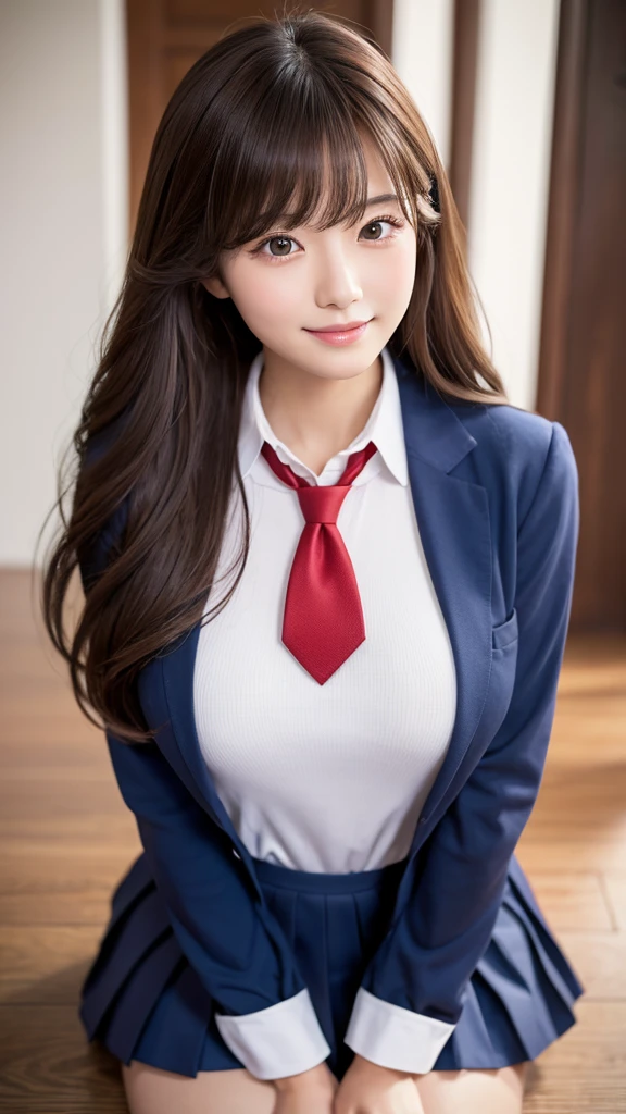 photoreali、photoRealstic　Long hairs、Curled hair　drooing eyes、largeeyes、The contour of the face is rounded、a small face、Young face、a baby face、Plump cheeks、Cute Baby Turtle　Big high school girl、Sixteen years old、Skinny figure、Young body、Beautiful skin、soft thighs　Navy blue jacket、White shirt、Red tie、Plaid skirts、pleatedskirt、A short skirt、校服、Japanese schoolgirl uniform、Buttonless jacket　lay on back、enjoy face expresssion、Laughing expression、Adult pose、Bold Pose　Background with、a bed、The bed is against the wall、Close to the wall、Green curtains