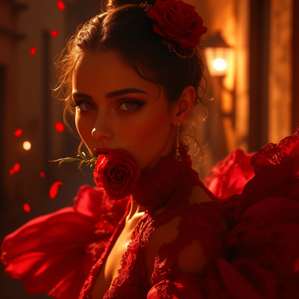 a beautiful flamenco dancer with a thornless red rose in her mouth, passionately dancing, detailed face and eyes, detailed dress, dramatic lighting, vibrant colors, cinematic composition, (best quality,4k,8k,highres,masterpiece:1.2),ultra-detailed,(realistic,photorealistic,photo-realistic:1.37),professional studio lighting,vivid colors,chiaroscuro lighting,dramatic shadows,dynamic pose,flowing dress,intense expression,rose petals,dramatic red color palette,spanish architecture,cobblestone street