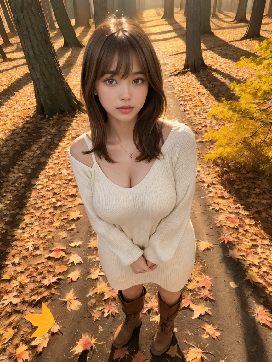 ((((Full body 1.4)))),1 female, Light brown hair,  short bang , Put the ear behind the hair ,  hair over shoulders , Long Hair, Has bangs、Big Breasts、 Slim Body ,  Ultra Fine Face, Thin face, Gentle lips,  beautiful eyes,  slightly blush ,  Eyes are light brown ,   perfect glow skin , Perfect Skin, Shining Sweat,Please give me this ,  Extra fine needle  ,  Very thin fingers :Realistic:1.3), (Autumn forest:1.4), Fujifilm, 8k, Full body 1.4, ,   super detail from above,  high quality, 最 high quality,  high definition, ((Don&#39; Show it to young people ))、 golden hour 　Beautiful light,  ( bikini swimsuit) 、 clevis、 (((Positive Image:1.3)))、Bare legs,Beach