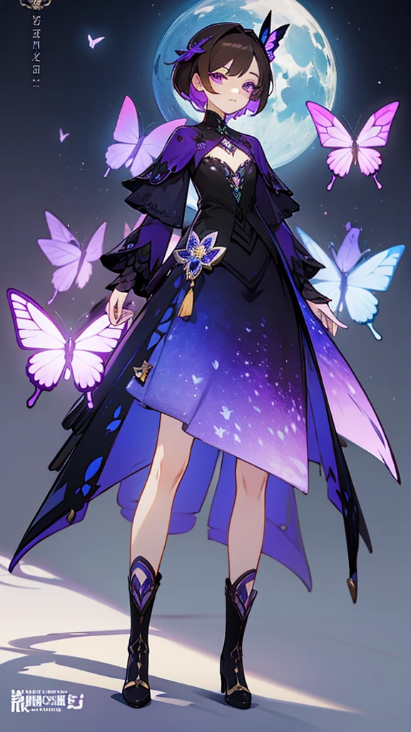 (Masterpiece, best quality), detailed, 1 woman, body complete, 1 female, 1 women. Character design sheet full body, highly detailed, pale skin, indigo purple eyes, short brown hair, with purple gradient, purpleflower inspired, butterfly inspired, moon inspired. Flat chest, pants, boots, clothing inspired by butterflies, the moon and flowers.