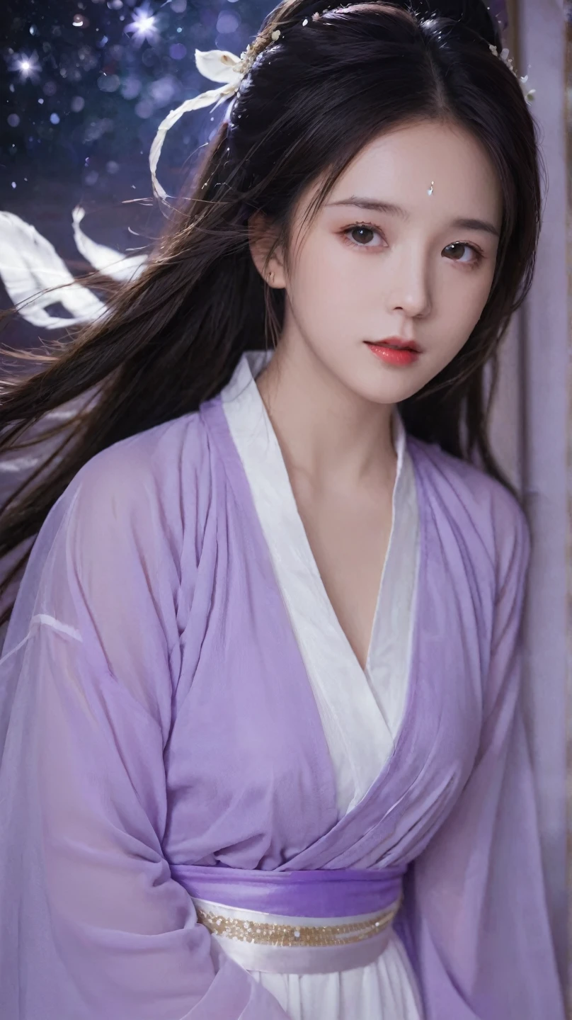 ,( Small Breasts :1.2),1 beautiful girl, unique,hair,Long hair, actual ,Lips,Hair accessories,Long sleeve,Eyes with spirit,  upper body ,nose,Hanfu, Chinese clothing,robe,scroll,white robe,Flowing hair,
portrait,Looking aside ,( perspective :1.2),( perspective  sleeves:1.3),wind,Purple feather clothes，(Purple:1.3)
, Purple岐来自东方, Purple魏源, Purple云仙, Purple魏星 Prince, Purple魏豆树, Purple电青霜, Purple灵芝仙草, Purple宫仙, Purple云山, Purple花仙, Purple阳仙, Purple岐亭, Purple岐山, Purple Xia Fairy, Purple庐山, Purple萧宫, Purple竹仙, Purple岐星官, Purple金城, Purple魏星
(1 Girl:1.3), aldult, 国wind, Hanfu, mist, Long hair被wind吹拂,  dusk,  masterpiece ,
analog film photo ethereal fantasy concept art of  masterpiece , 动态perspective,  intricate details, Wide Angle, Motion blur. Purple long hair. She stands next to the East Asian building, Starry Sky,
