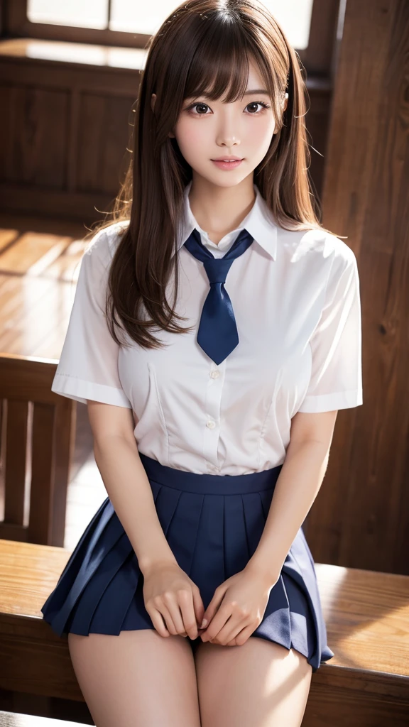 Enhanced dynamic perspective,cute cute beautiful girl,JK uniform,look at me and smile,simple back gown,works of masters,high quality,4K resolution,super fine,fine pubic hair,Accurate,cinematic lighting,Retain original facial proportions、(big and full breasts)、((button gap))