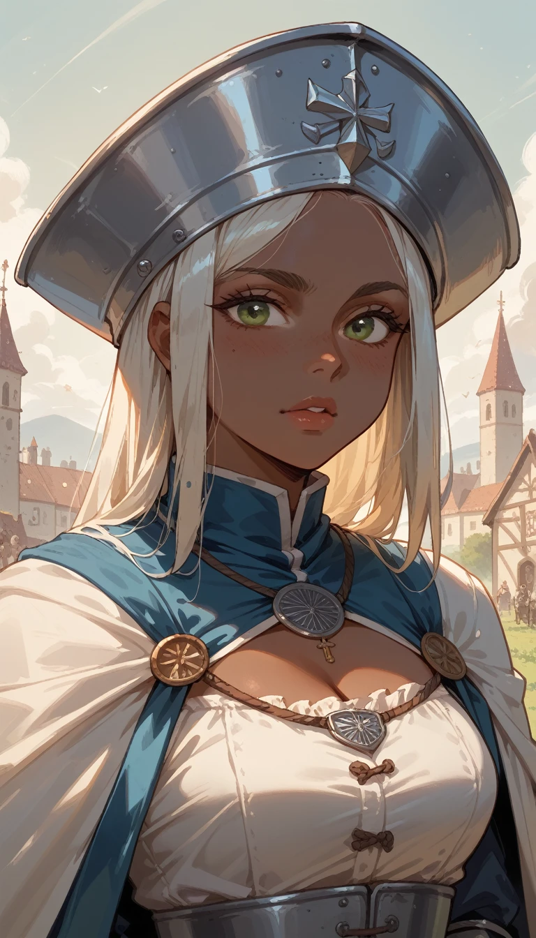 ((best quality)), ((masterpiece)), (detailed), 1girl, mixed race girl, African American + Caucasian girl with lighter skin, young woman, pretty, skinny, white hair, modern western attire, dark cloak, wearing casual clothes underneath cloak, black pants, 2024 style corset top (modern look, no shirt underneath), modest, head scarf, long hair, hair tied in the back