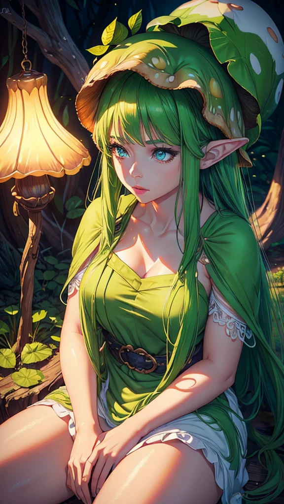 A beautiful girl with long green hair, wearing a green dress and white apron, sitting in a wheelchair inside a glowing cave, with a mushroom hat on her head and surrounded by mushrooms and fungi, resembling a Dryad with leaf-like hair and faunus ears, (best quality,4k,8k,highres,masterpiece:1.2),ultra-detailed,(realistic,photorealistic,photo-realistic:1.37),detailed eyes,detailed lips,extremely detailed face,longeyes,stunning, fantasy, magical, glowing, dramatic lighting,vibrant colors