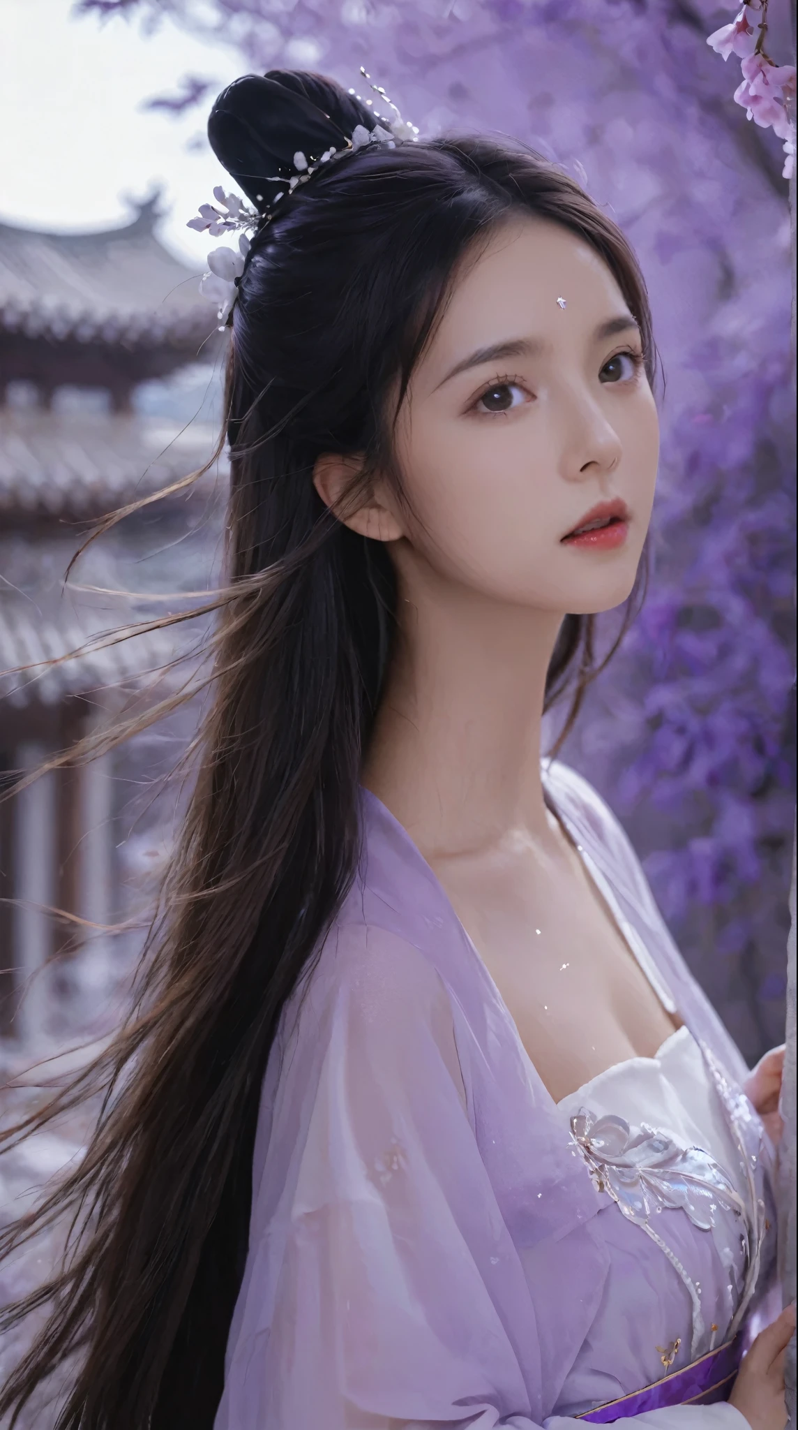 ,( Small Breasts :1.2),1 beautiful girl, unique,hair,Long hair, actual ,Lips,Hair accessories,Long sleeve,Eyes with spirit,  upper body ,nose,Hanfu, Chinese clothing,robe,scroll,white robe,Flowing hair,
portrait,Looking aside ,( perspective :1.2),( perspective  sleeves:1.3),wind,Purple feather clothes，(Purple:1.3)
, Purple岐来自东方, Purple魏源, Purple云仙, Purple魏星 Prince, Purple魏豆树, Purple电青霜, Purple灵芝仙草, Purple宫仙, Purple云山, Purple花仙, Purple阳仙, Purple岐亭, Purple岐山, Purple Xia Fairy, Purple庐山, Purple萧宫, Purple竹仙, Purple岐星官, Purple金城, Purple魏星
(1 Girl:1.3), aldult, 国wind, Hanfu, mist, Long hair被wind吹拂,  dusk,  masterpiece ,
analog film photo ethereal fantasy concept art of  masterpiece , 动态perspective,  intricate details, Wide Angle, Motion blur. Purple long hair. She stands next to the East Asian building, Starry Sky,
