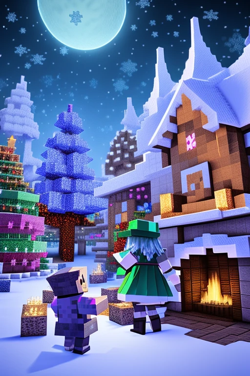 enderman(Minecraft)＆cirno(touhou)＆snowgolem(Minecraft)　White Christmas　night