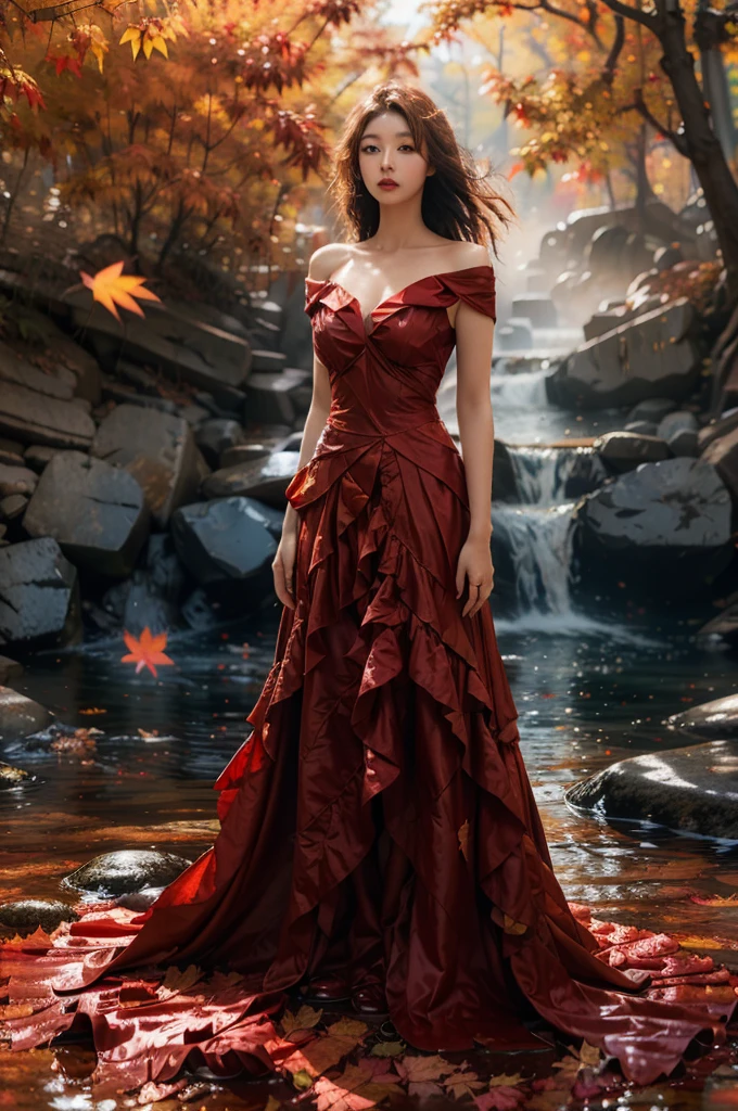 (fashion magazine cover:1.3),(full-size photograph:1.3),(a beautiful and delicate girl:1.2),(gorgeous formal attire:1.1),cleavage,(fashion design:1.1),a tender and watery gaze,elegant,
((Dadaism)),(creek:1.2),(free wind:1.1),(mist:1.1),warm and delicate sunshine,(red maple leaf:1.1),photography,