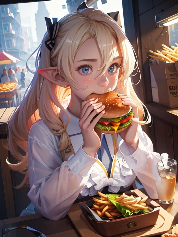 masterpiece, Best Quality, High-definition CG Unity 8k Wallpaper,((Upper body portrait)), ((Food stalls)), (とてもcute１６Age Girl), ( holding a giant hamburger with both hands ,  eats), (Long pointy ears),  elegant long wavy platinum blonde hair , ((Average Chest Circumference, Self-illuminating skin)), ((Unknown uniform style )), (white skin), (), , ( happy smile), cute,  with a symmetrical face , fine grain, Key Art, Awards,  Intricate Details Realism HDR ,  photorealism , hyperrealism, Ultra-realistic,  Dramatic Light ,  Great views ,  Written Boundary Depth, french fries, drink,