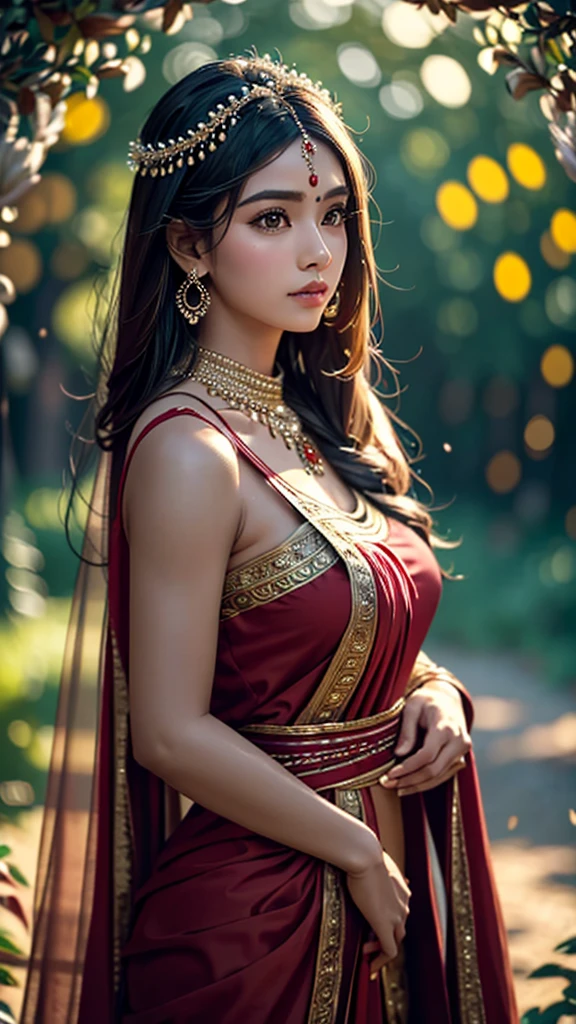 ((best quality, 8k,  masterpiece  :1.3)), sharp focus :1.2,  creating a realistic image of a beautiful Indian girl, mother umma, holding a sexy trident, a positive figure.: 8.5 ( masterpiece เหมือนราชินี) ( Goddess-like body )  wearing a beautiful ancient Indian mother dress, red clothes  , , adorned with ancient Mother of God ornaments ,  standing in a beautiful Indian forest with cinematic lighting . ((Front view, Random graceful gestures)),  and has an elegant and delicate posture . The background should complement the scene., Her big big lion lies waiting next to her  ,, enhances the overall beauty of the image . Photographed by Brandon Woelfel, Full Shot: เลนส์ Canon EF 16-35mm f/2.The 8L III USM lens on the Canon EOS 5D Mark IV , Very realistic, 32K, HD