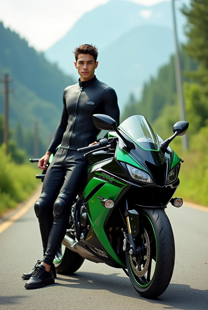 Highest image quality, outstanding details, ultra-high resolution, (realism: 1.4), the best illustration, favor details, highly condensed 1boy, with a delicate and handsome face, dressed in a black and green sexy mecha,holding a directional controller, riding on a motorcycle, the background is a high-tech lighting scene of the future city. ,(( full length shot(fls) )), wide pelvis , wide hips , bare thighs , (handsome face ) ,  , sexy , nsfw , eroticism , micro thongs , sexy crotch
