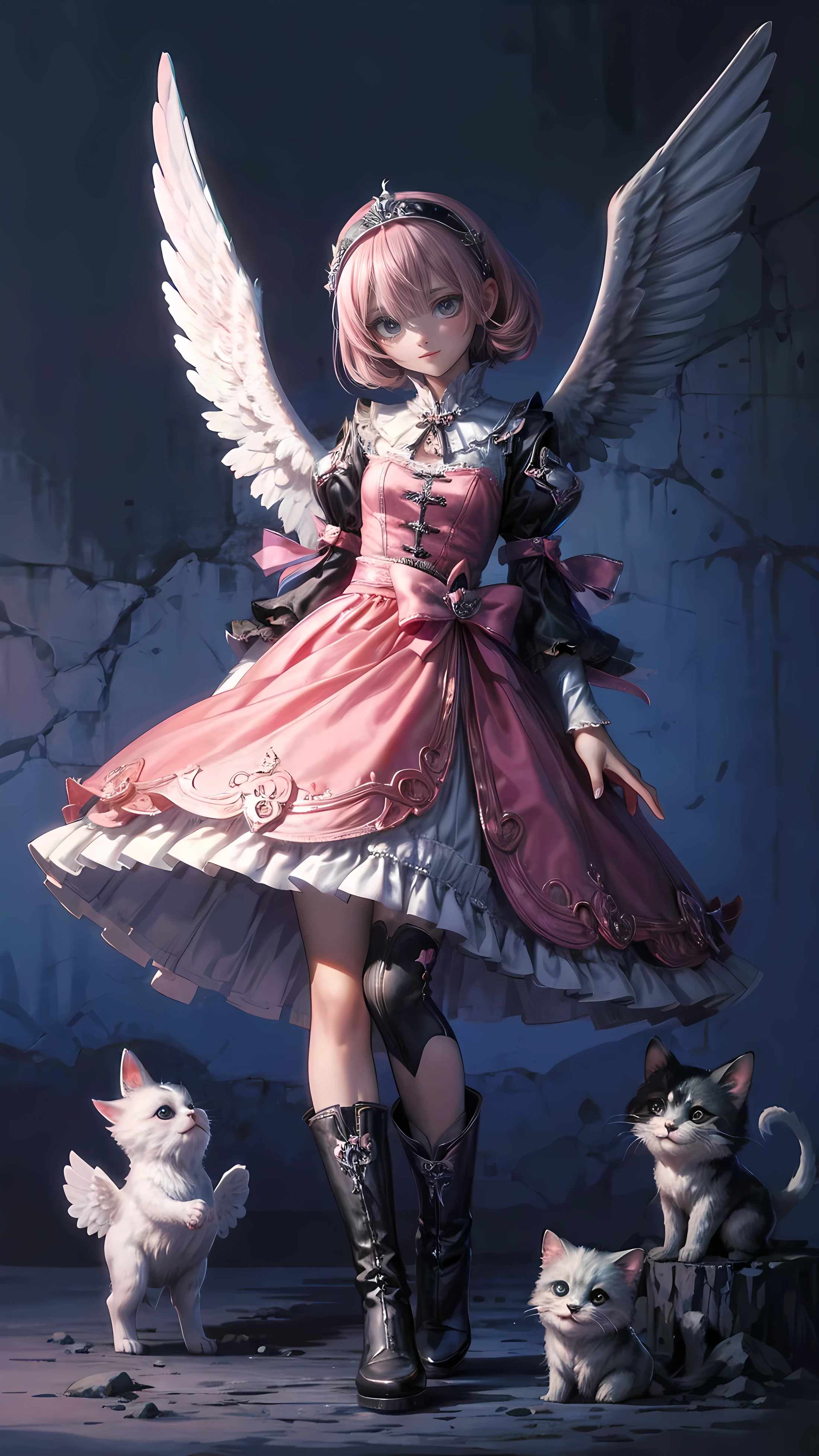  anime style、story、、 BEAUTIFUL GIRLS、very cute angel、 pink gothic dress 、cute、baby face、smile、 long skirt 、  black boots 、Very cute headband
