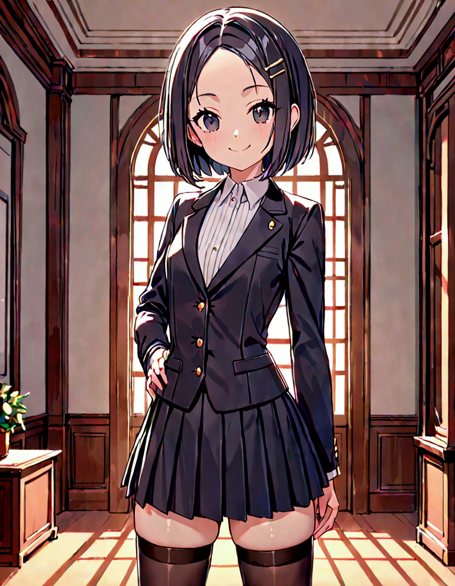 (masterpiece)(best quality)(ultra detailed)(high resolution),solo petite girl, black hair short hair, bob cut, (forehead:1.2)(hairpin in center parted bangs:1.2), black eyes, slender body, medium hip, smile, spencer jacket, pleat skirt, stockings, upper body above knees, standing proud, pose of looking front, indoors,