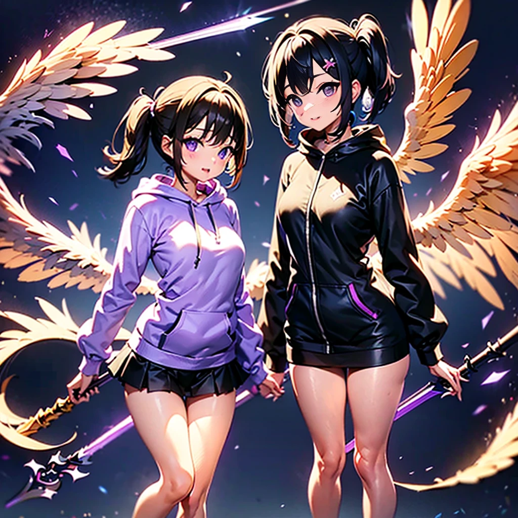 Small breasted angel girl standing on the right side ponytail wearing white wizard clothes and black hotpants wearing flames and a spear Metatron 、 girl sandalphone with purple-black bob-cut hair, wearing a black hoodie and purple miniskirt, and a silver light cube floating in her palm、Two people standing back to back 2 .0、Confident smile 1 .1