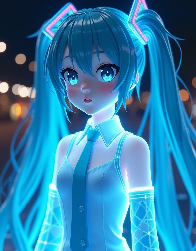 huge holograms, Hatsune Miku in blue clothes and white top, vocaloid, Hatsune Miku cosplay, Hatsune Miku portrait, live 2d virtual youtuber model, Hatsune Miku face, 3d statue!!!, hologram, holography, anime vfx, anime cgi style, cinematic hologram, chemical light hovering around her, expert light effects