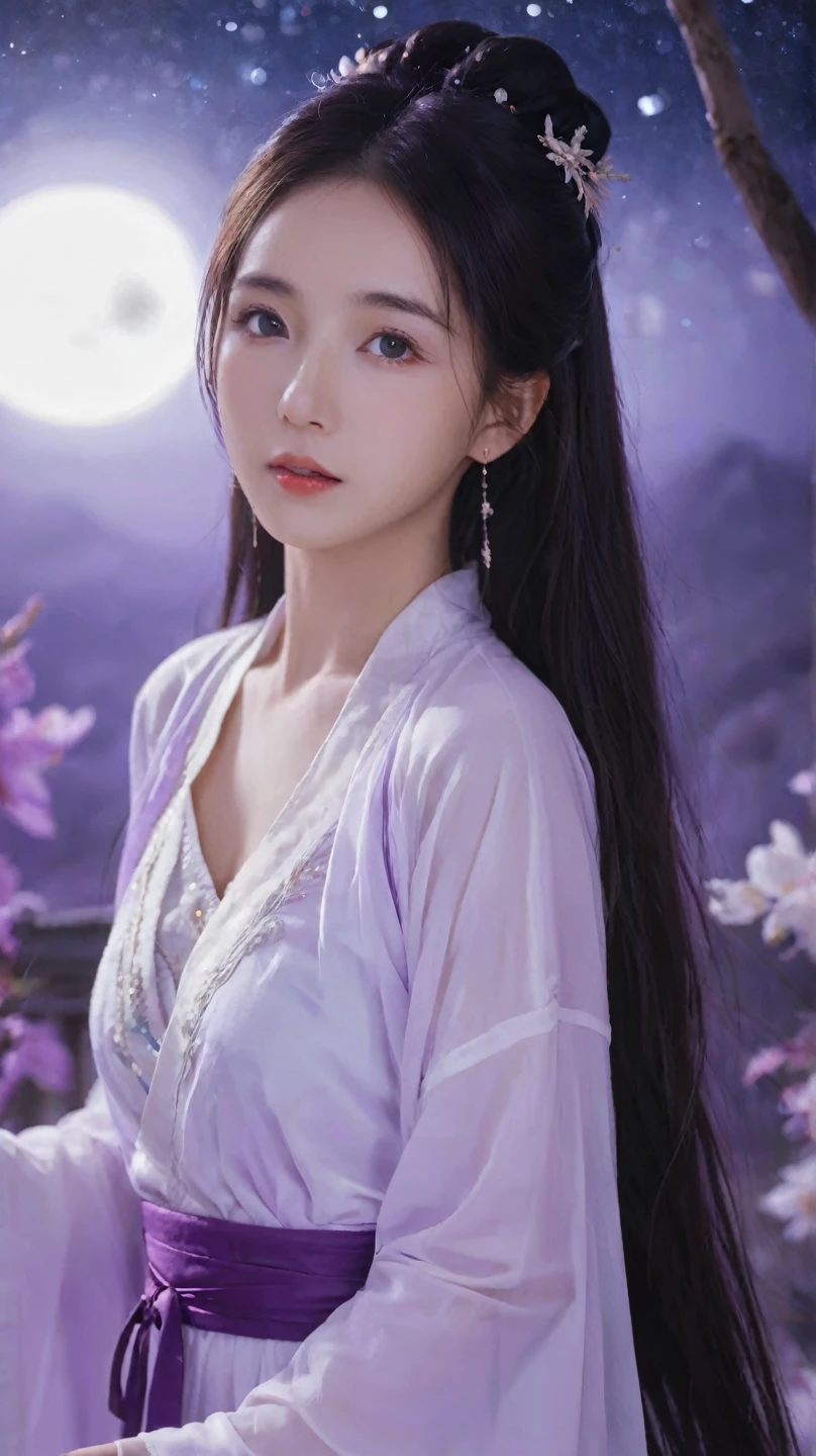 ,( Small Breasts :1.2),1 beautiful girl, unique,hair,Long hair, actual ,Lips,Hair accessories,Long sleeve,Eyes with spirit,  upper body ,nose,Hanfu, Chinese clothing,robe,scroll,white robe,Flowing hair,
portrait,Looking aside ,( perspective :1.2),( perspective  sleeves:1.3),wind,Purple feather clothes，(Purple:1.3)
, Purple岐来自东方, Purple魏源, Purple云仙, Purple魏星 Prince, Purple魏豆树, Purple电青霜, Purple灵芝仙草, Purple宫仙, Purple云山, Purple花仙, Purple阳仙, Purple岐亭, Purple岐山, Purple Xia Fairy, Purple庐山, Purple萧宫, Purple竹仙, Purple岐星官, Purple金城, Purple魏星
(1 Girl:1.3), aldult, 国wind, Hanfu, mist, Long hair被wind吹拂,  dusk,  masterpiece ,
analog film photo ethereal fantasy concept art of  masterpiece , 动态perspective,  intricate details, Wide Angle, Motion blur. Purple long hair. She stands next to the East Asian building, Starry Sky,
