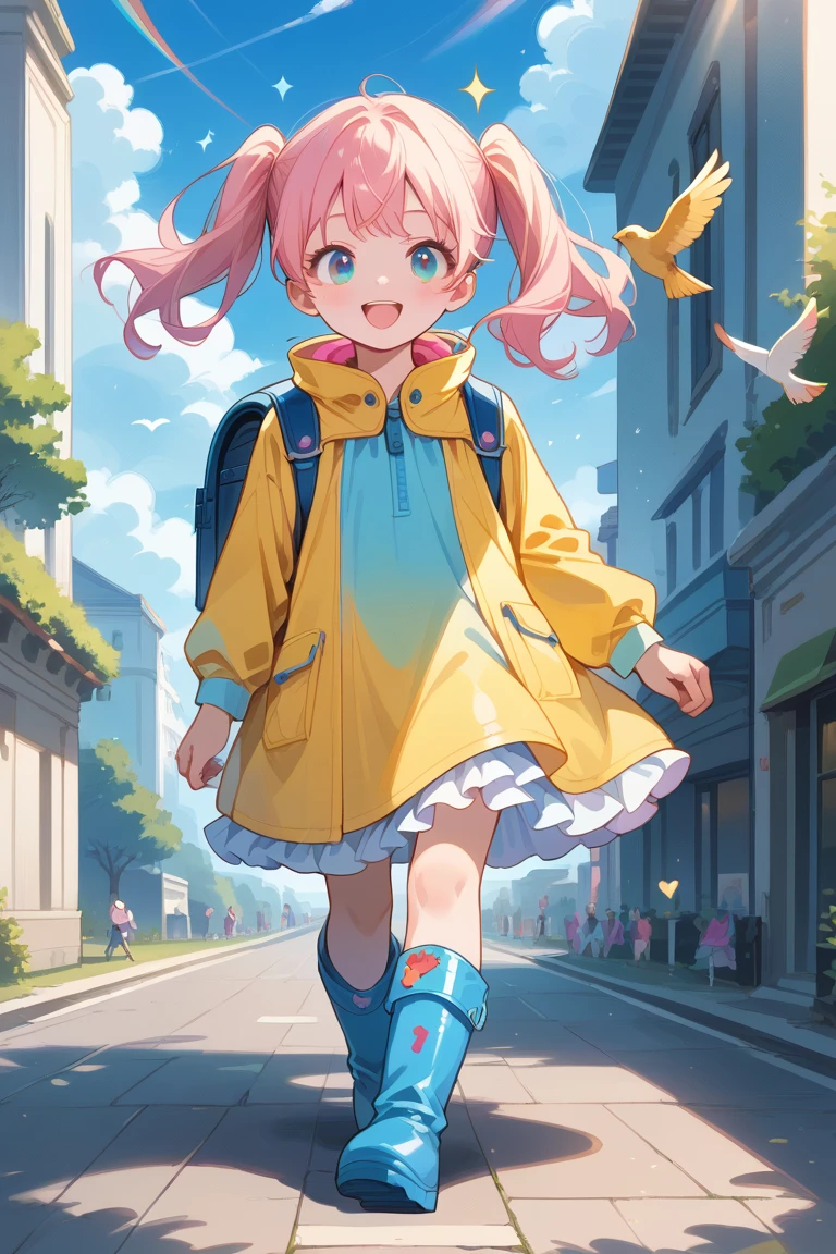 
score_9, score_8_up, score_7_up, source_anime, (masterpiece, best quality, high quality, good quality), 1girl, solo, petite, twintails, raincoat, backpack, frilled skirt, rubber boots, blue sky, walking, on cloud, happy, humming, musical note, rainbow, sparkle, sunlight, bird, full body, pastel colors, colorful
