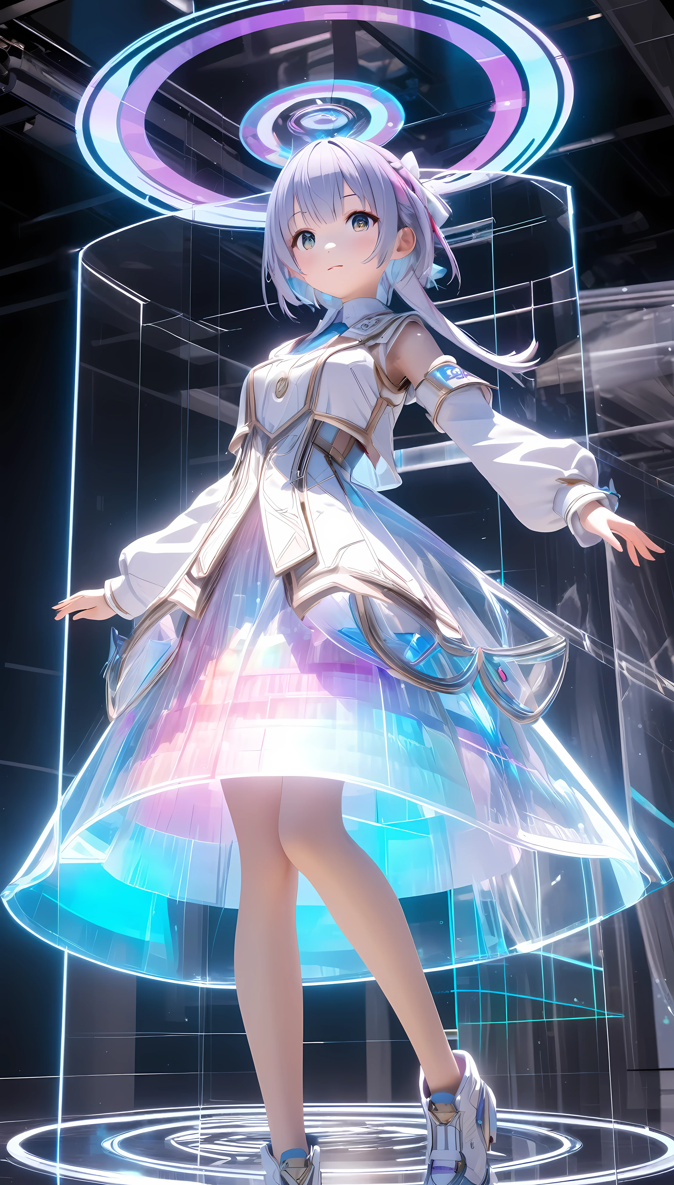 virtual idol , \character "Atlas"\, Alone, (( transparency through holographic projection ３d,  transmission processing for aesthetic color expression applying super retina technology, Translucent texture )),  BREAK captivates all viewers 