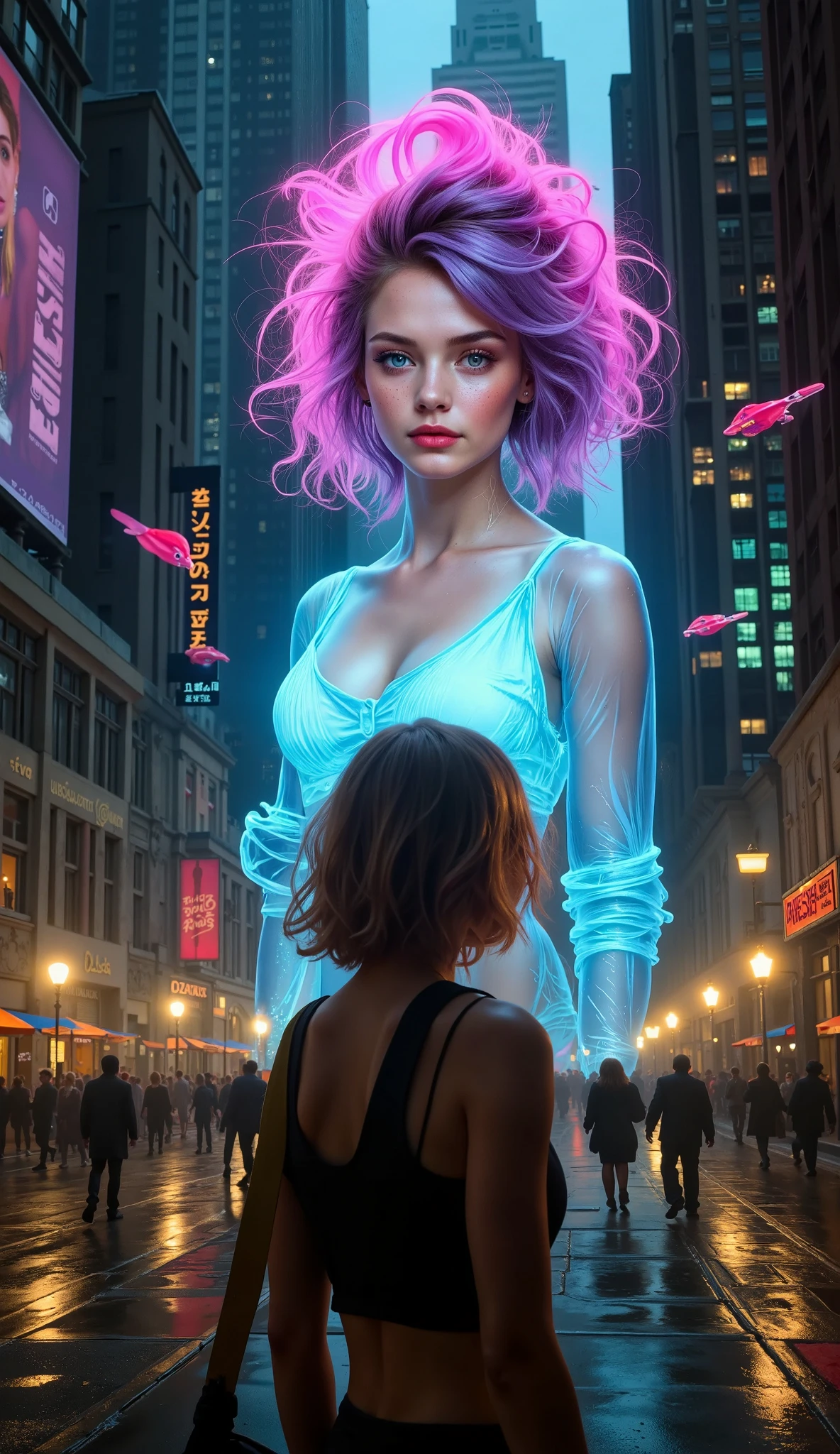 A futuristic cyberpunk scene featuring a giant holographic commercial projected in a bustling sci-fi city, reminiscent of the Blade Runner movie. The hologram displays a full-body virtual idol, who appears lively and charming with soft skin, mesmerizing blue eyes, and styled pink and purple hair. She wears a stylish, futuristic outfit that blends neon accents matching the city's colors. The hologram flickers, casting neon reflections in shades of pink, blue, and green onto the rain-slicked streets and the towering buildings around it. The cityscape is filled with skyscrapers adorned with neon signs and flying vehicles, creating an immersive cyberpunk atmosphere under a dark, rain-drenched sky.