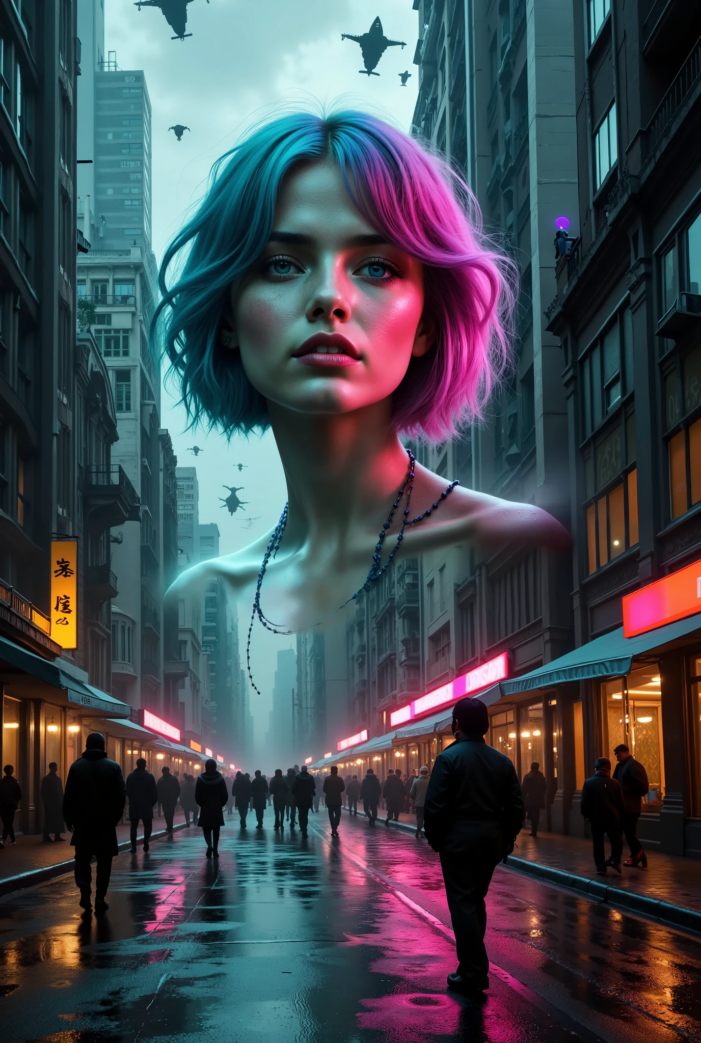 A futuristic cyberpunk scene featuring a giant holographic commercial projected in a bustling sci-fi city, reminiscent of the Blade Runner movie. The hologram displays a full-body virtual idol, who appears lively and charming with soft skin, mesmerizing blue eyes, and styled pink and purple hair. She wears a stylish, futuristic outfit that blends neon accents matching the city's colors. The hologram flickers, casting neon reflections in shades of pink, blue, and green onto the rain-slicked streets and the towering buildings around it. The cityscape is filled with skyscrapers adorned with neon signs and flying vehicles, creating an immersive cyberpunk atmosphere under a dark, rain-drenched sky.