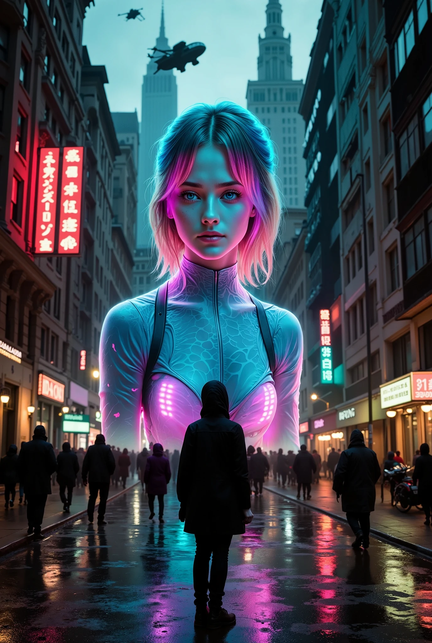 A futuristic cyberpunk scene featuring a giant holographic commercial projected in a bustling sci-fi city, reminiscent of the Blade Runner movie. The hologram displays a full-body virtual idol, who appears lively and charming with soft skin, mesmerizing blue eyes, and styled pink and purple hair. She wears a stylish, futuristic outfit that blends neon accents matching the city's colors. The hologram flickers, casting neon reflections in shades of pink, blue, and green onto the rain-slicked streets and the towering buildings around it. The cityscape is filled with skyscrapers adorned with neon signs and flying vehicles, creating an immersive cyberpunk atmosphere under a dark, rain-drenched sky.