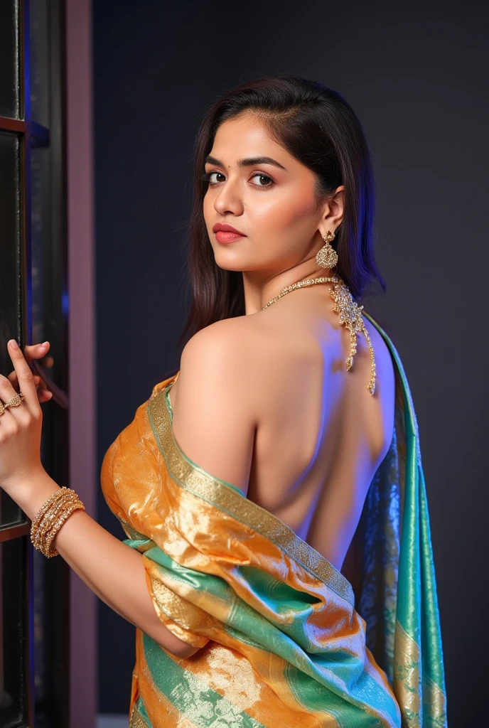 a beautiful woman in a saree, bare back, topless, detailed portrait, highly detailed face, detailed eyes, realistic, photorealistic, 8k, cinematic lighting, bright color tones, glowing skin, intricate fabric details, elegant pose, dramatic shadows, golden jewelry, mystical atmosphere, busty naked , Pooja 