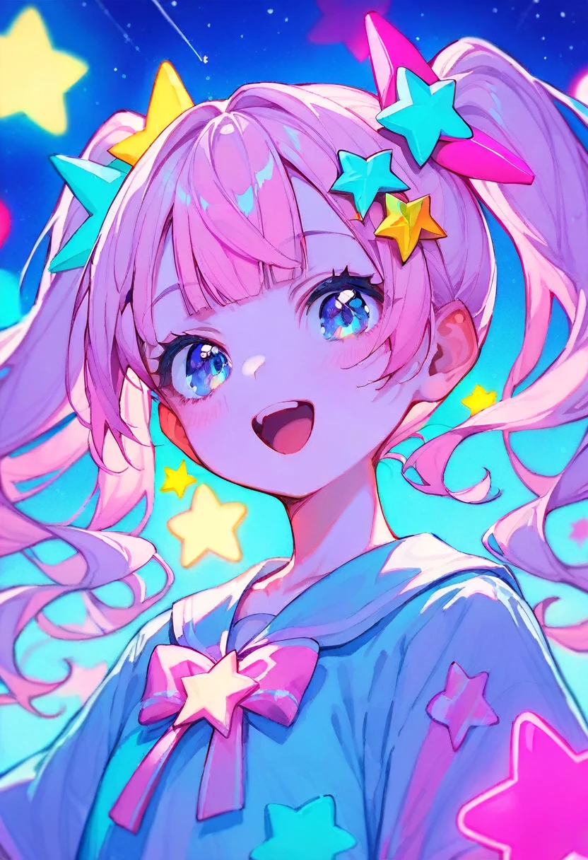   portrait of Virtual Idol, pastel colors, open mouth, long hair, star , (symbol), star hair ornament, hair ornament, twintails, looking at viewer, blue eyes, pastel neon lighting, source_anime, neon, neon theme, On a stage set up above a huge city, a 3D projected virtual idol is singing and dancing, and the crowd goes wild for her dynamic performance,