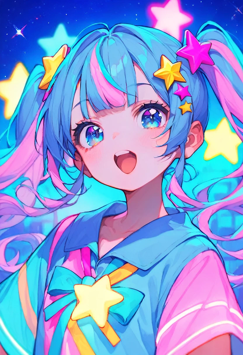   portrait of Virtual Idol, pastel colors, open mouth, long hair, star , (symbol), star hair ornament, hair ornament, twintails, looking at viewer, blue eyes, pastel neon lighting, source_anime, neon, neon theme, On a stage set up above a huge city, a 3D projected virtual idol is singing and dancing, and the crowd goes wild for her dynamic performance,