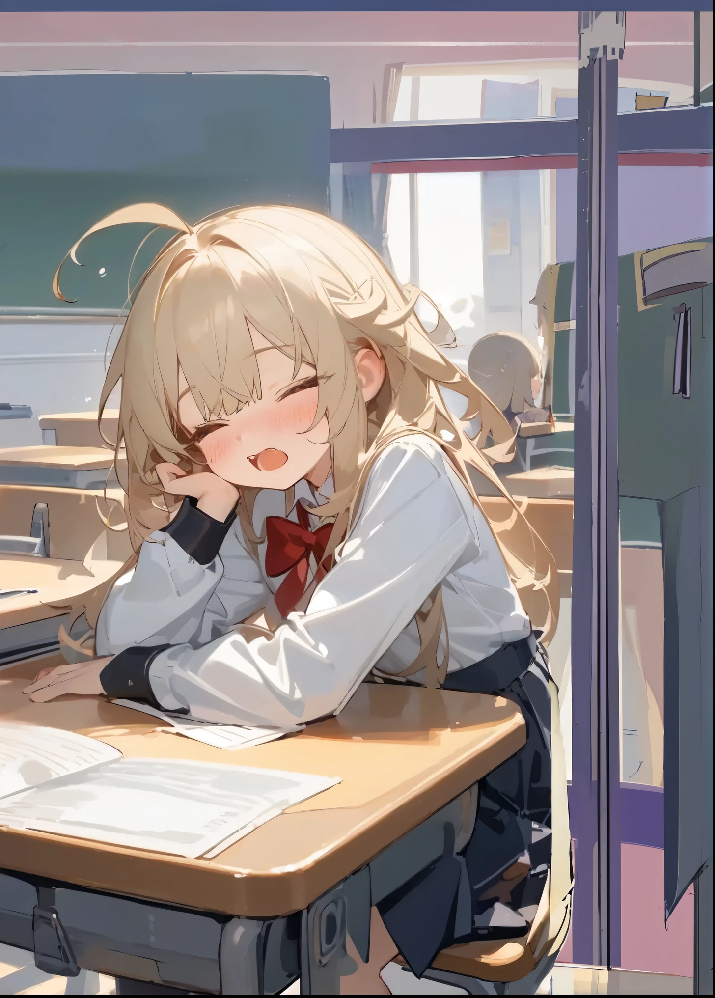calssroom background, artist:ciloranko, [artist:tianliang duohe fangdongye], [artist:sho_(sho_lwlw)], [artist:baku-p], [artist:tsubasa_tsubasa], {{best quality}}, amazing quality, very aesthetic, absurdres, solo, classroom background