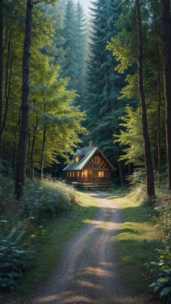 painting of a bridge leading to a cottage in a forest, fairyland bridge, beautiful house on a forest path, cottagecore, cottage in the forest, cottage in the woods, cottagecore!!, enchanted magical fantasy forest, scenery artwork, beautiful detailed fantasy, cosy enchanted scene, tomas kinkade, scenery art detailed, fairy tale place