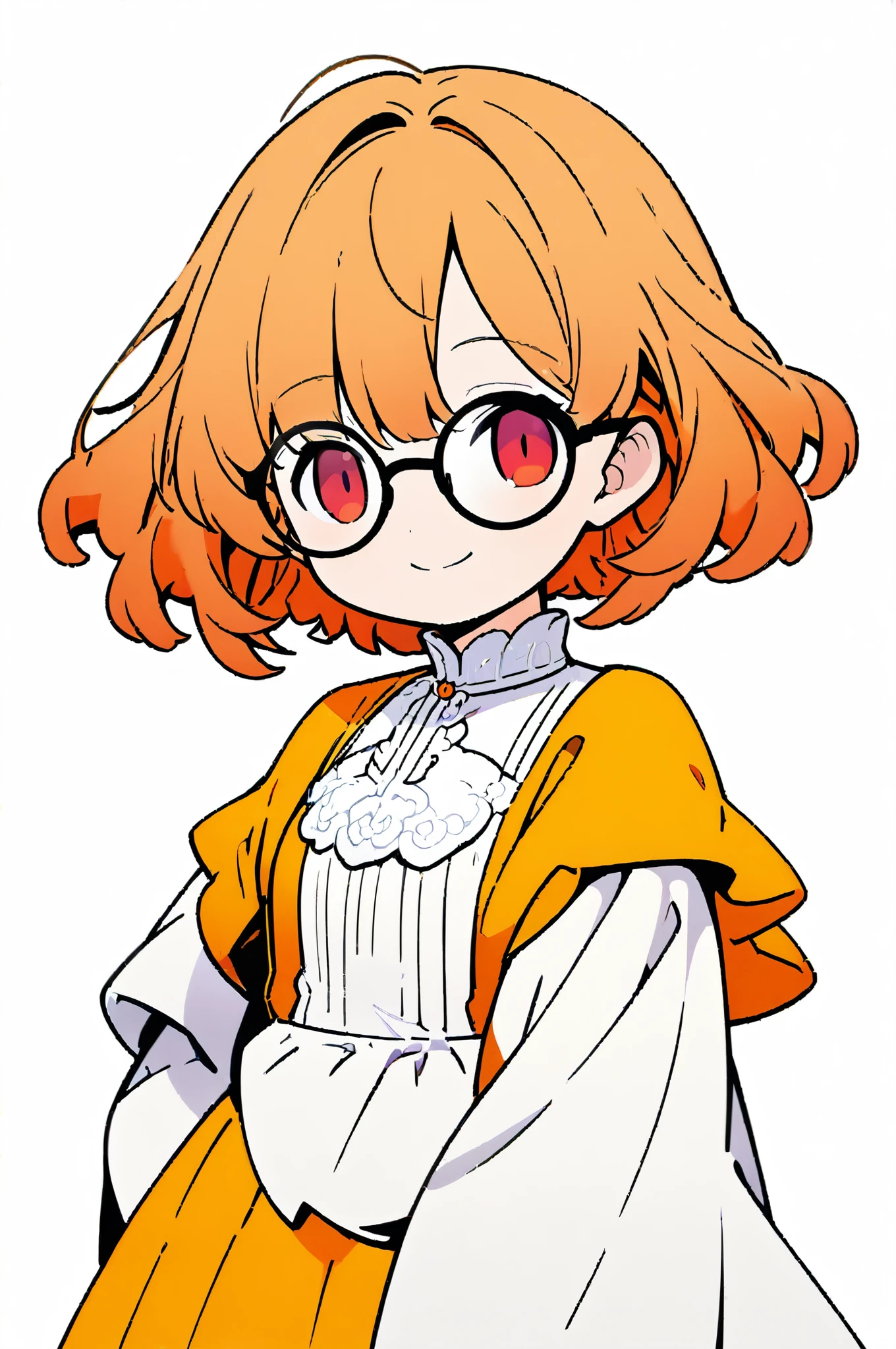 1girl,(chibi:0.7),smile,solo, full body,(Schoolgirl Fashion in the Meiji Era), short bob hair, loose perm hair, upper body, shiny skin, beautiful red eyes, big silver rounded Thin-framed sglasses, hair parted in the middle, orange hair, yellow bandana, best quality,amazing quality,highres,4K,extreme detailed CG,(rating: general:1.2), white background,simple background, [flat skecth]