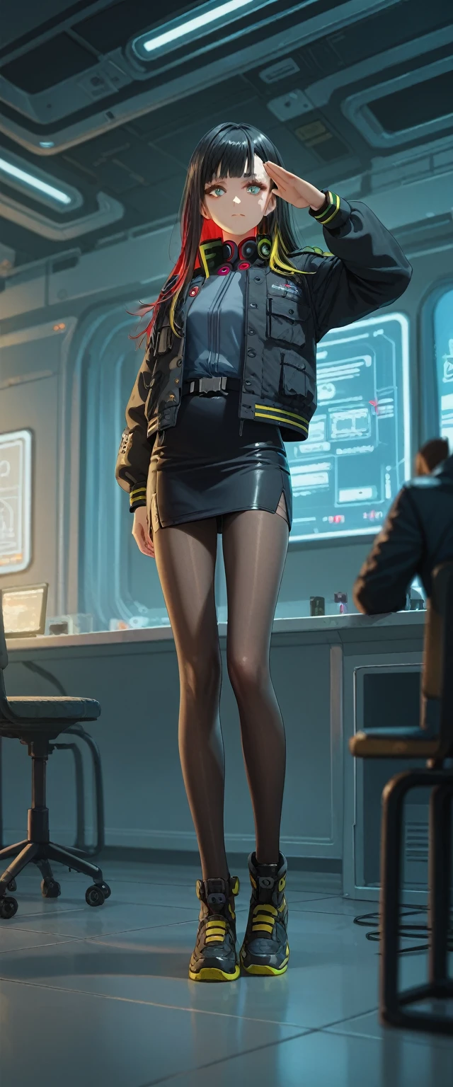 1girl, long hair, (black hair:1.5), blue hair highlights, yellow hair highlights, red hair higlights, multicolored hair highlights, military uniform, jacket, pencil skirt, pantyhose, dark gray jacket, (wetting self:1.5), salute, legs together, futuristic, science fiction, cyberpunk, indoors